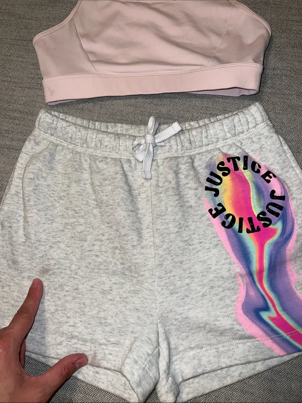 Justice Light Pink Sports Bra with Gray Shorts and Rainbow Logo